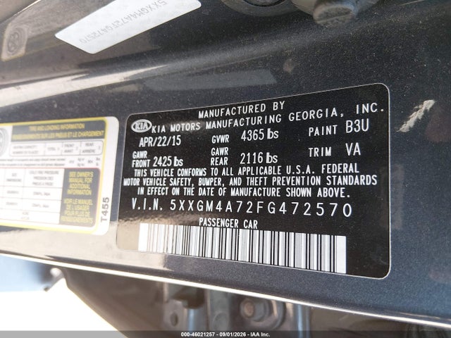 Aukcja sprzedaży 2015 Kia Optima Lx, vin: 5XXGM4A72FG472570, numer aukcji: 46021257