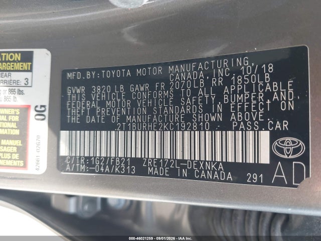 46021259 :رقم المزاد ، 2T1BURHE2KC192810 vin ، 2019 Toyota Corolla Le مزاد بيع