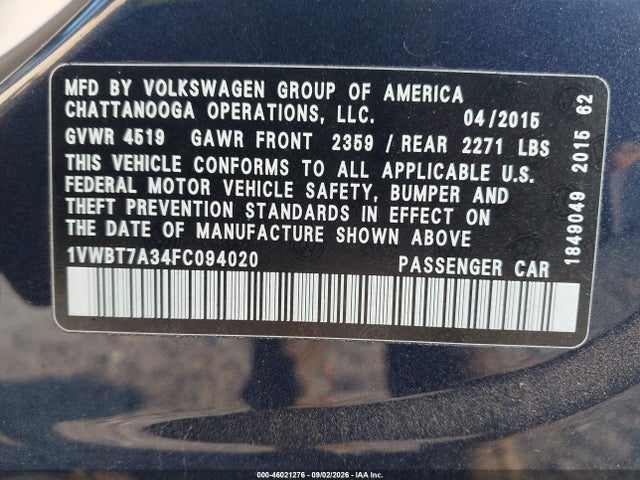 46021276 :رقم المزاد ، 1VWBT7A34FC094020 vin ، 2015 Volkswagen Passat 1.8t Se مزاد بيع