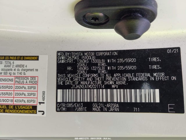 Aukcja sprzedaży 2021 Lexus Rx 350l, vin: JTJHZKEA1M2021114, numer aukcji: 46021278