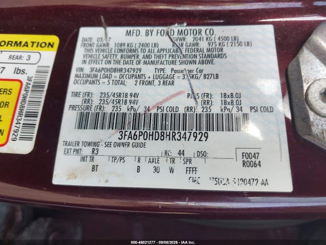 Продажа на аукционе авто 2017 Ford Fusion Se, vin: 3FA6P0HD8HR347929, номер лота: 46021277