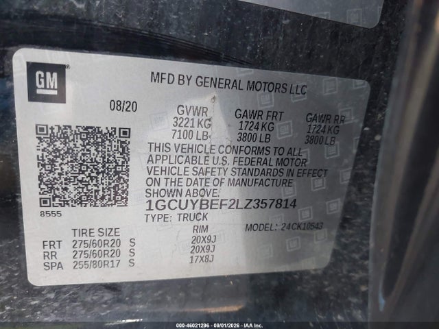 Продаж на аукціоні авто 2020 Chevrolet Silverado 1500 4wd  Short Bed Custom, vin: 1GCUYBEF2LZ357814, номер лоту: 46021296