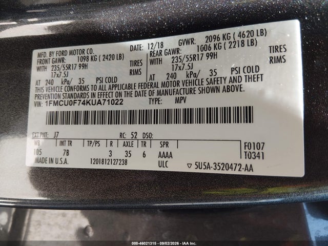 Ford ESCAPE S 2019 1FMCU0F74KUA71022 Image 9