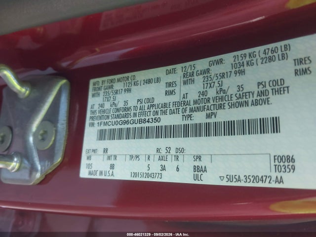 Aukcja sprzedaży 2016 Ford Escape Se, vin: 1FMCU0G96GUB84350, numer aukcji: 46021329