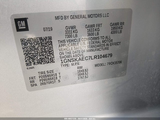 46021339 :رقم المزاد ، 1GNSKAEC7LR104679 vin ، 2020 Chevrolet Tahoe 4wd Ls مزاد بيع