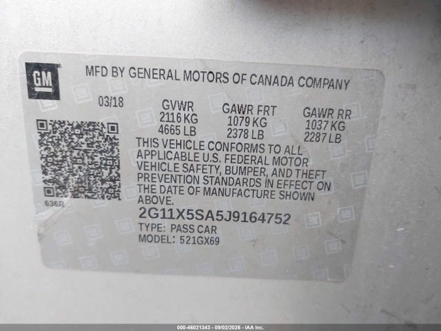 Продаж на аукціоні авто 2018 Chevrolet Impala 1fl, vin: 2G11X5SA5J9164752, номер лоту: 46021343
