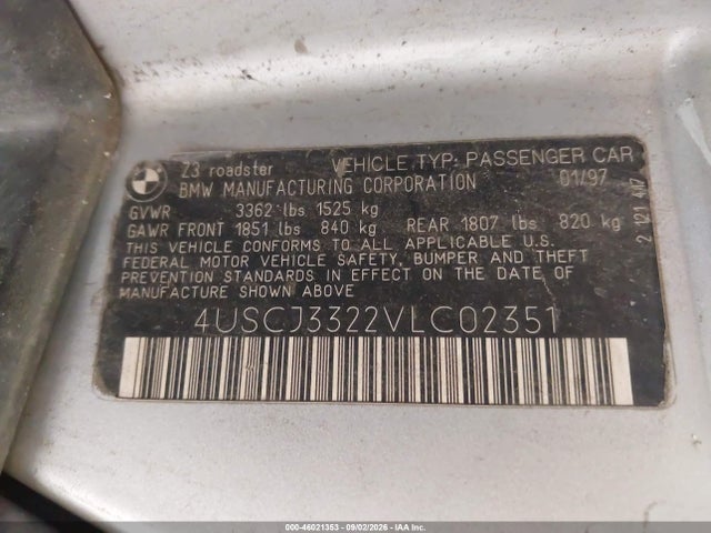 46021353 :رقم المزاد ، 4USCJ3322VLC02351 vin ، 1997 Bmw Z3 2.8l Roadster مزاد بيع