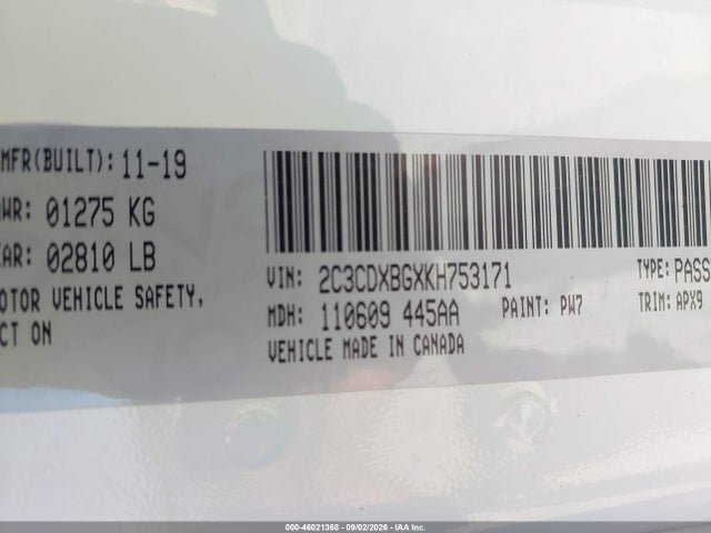 Aukcja sprzedaży 2019 Dodge Charger Sxt Rwd, vin: 2C3CDXBGXKH753171, numer aukcji: 46021368