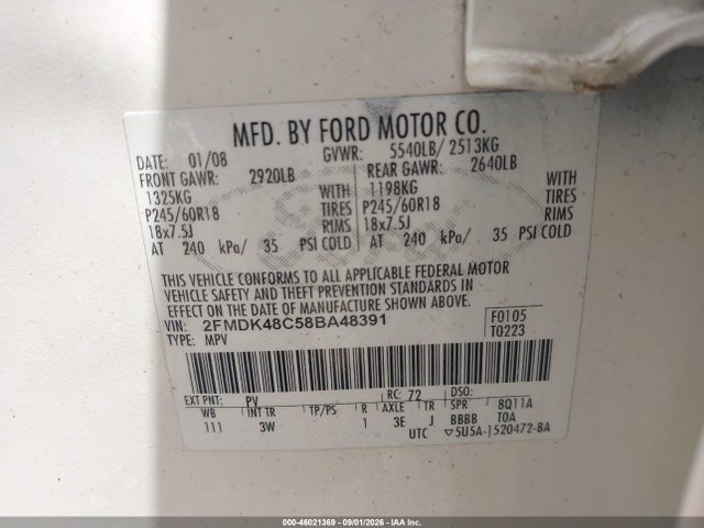 Продаж на аукціоні авто 2008 Ford Edge Sel, vin: 2FMDK48C58BA48391, номер лоту: 46021369