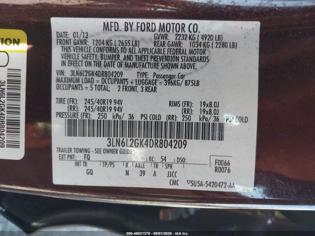 Aukcja sprzedaży 2013 Lincoln Mkz, vin: 3LN6L2GK4DR804209, numer aukcji: 46021378