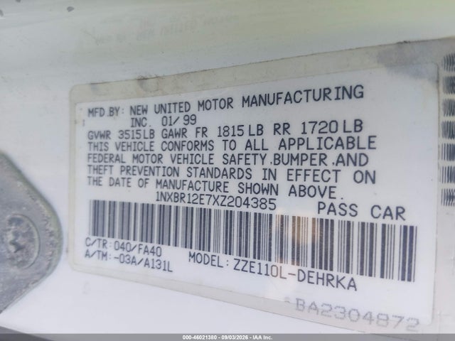 46021380 :رقم المزاد ، 1NXBR12E7XZ204385 vin ، 1999 Toyota Corolla Ve مزاد بيع