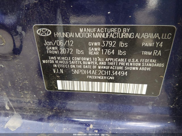 Продажа на аукционе авто 2012 Hyundai Elantra Limited, vin: 5NPDH4AE2CH134494, номер лота: 46021391