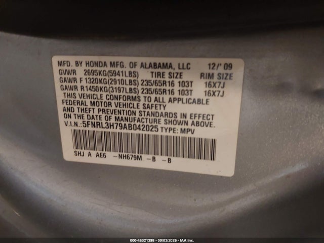 2010 Honda Odyssey Ex-l მანქანა იყიდება აუქციონზე, vin: 5FNRL3H79AB042025, აუქციონის ნომერი: 46021398