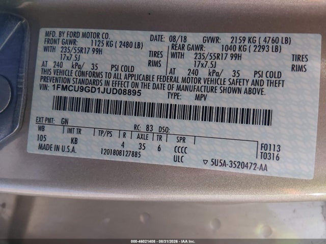 Продаж на аукціоні авто 2018 Ford Escape Se, vin: 1FMCU9GD1JUD08895, номер лоту: 46021408