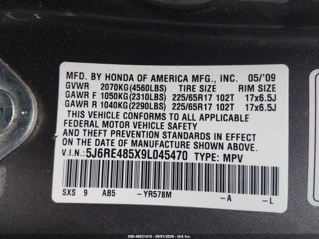 Aukcja sprzedaży 2009 Honda Cr-v Ex, vin: 5J6RE485X9L045470, numer aukcji: 46021410