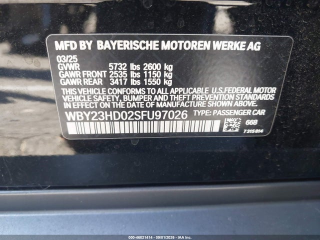Продажа на аукционе авто 2025 Bmw I4 Gran Coupe Edrive40, vin: WBY23HD02SFU97026, номер лота: 46021414