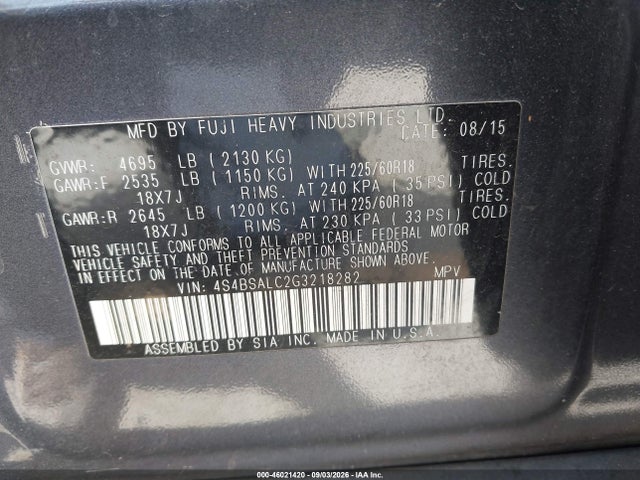Subaru Outback 2.5i Limited 2016 4S4BSALC2G3218282 Image 9