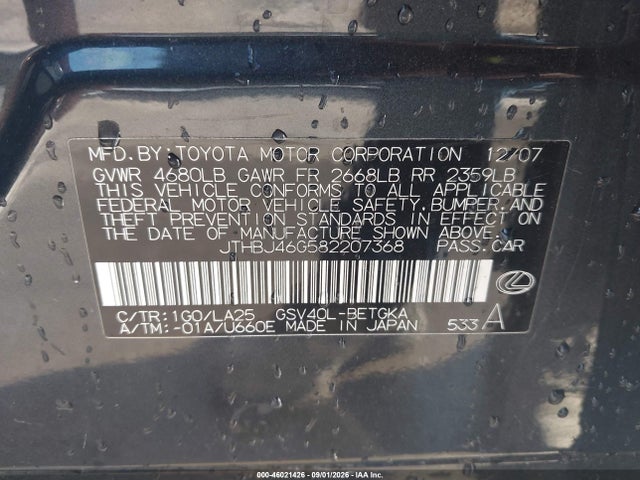 Aukcja sprzedaży 2008 Lexus Es 350, vin: JTHBJ46G582207368, numer aukcji: 46021426