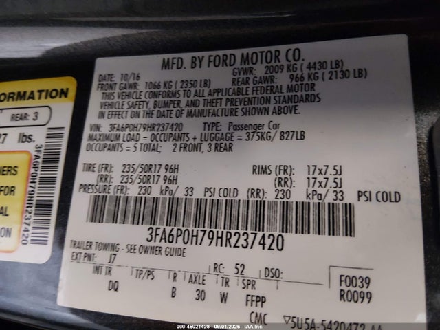 Продаж на аукціоні авто 2017 Ford Fusion Se, vin: 3FA6P0H79HR237420, номер лоту: 46021428