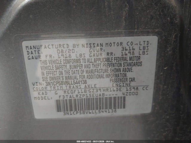 Aukcja sprzedaży 2020 Nissan Kicks S Xtronic Cvt, vin: 3N1CP5BV6LL544138, numer aukcji: 46021432