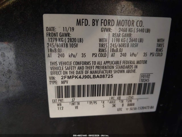 Продаж на аукціоні авто 2020 Ford Edge Sel, vin: 2FMPK4J90LBA08725, номер лоту: 46021445