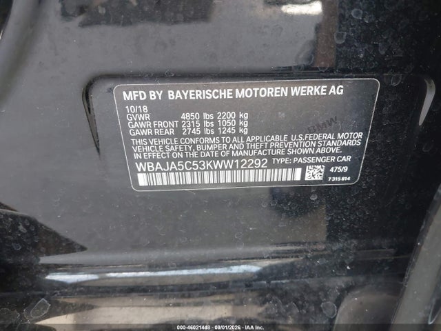 Aukcja sprzedaży 2019 Bmw 530i, vin: WBAJA5C53KWW12292, numer aukcji: 46021448