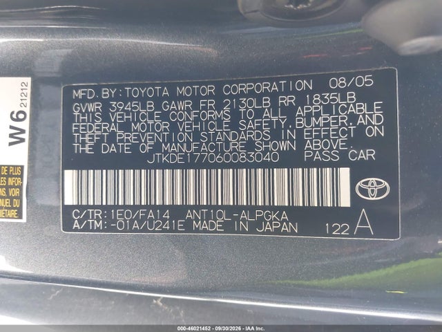 2006 Scion Tc მანქანა იყიდება აუქციონზე, vin: JTKDE177060083040, აუქციონის ნომერი: 46021452