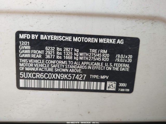 Продаж на аукціоні авто 2022 Bmw X5 Xdrive40i, vin: 5UXCR6C0XN9K57427, номер лоту: 46021479