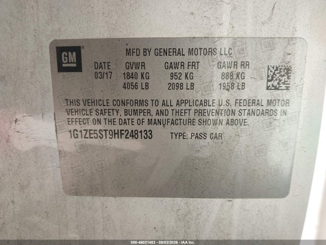 Продаж на аукціоні авто 2017 Chevrolet Malibu 1lt, vin: 1G1ZE5ST9HF248133, номер лоту: 46021483