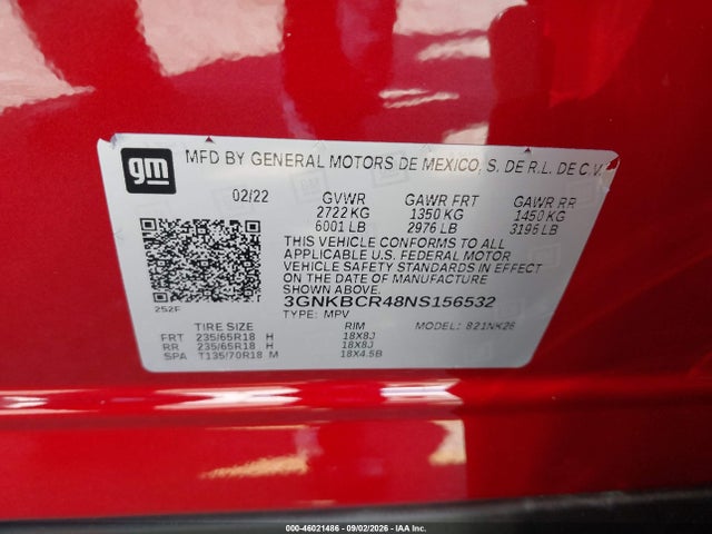 46021486 :رقم المزاد ، 3GNKBCR48NS156532 vin ، 2022 Chevrolet Blazer Fwd 2lt مزاد بيع