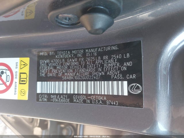46021490 :رقم المزاد ، 58ABK1GG2GU022407 vin ، 2016 Lexus Es 350 مزاد بيع