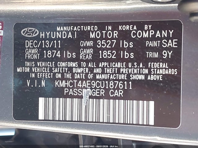 2012 Hyundai Accent Gls მანქანა იყიდება აუქციონზე, vin: KMHCT4AE9CU187611, აუქციონის ნომერი: 46021493