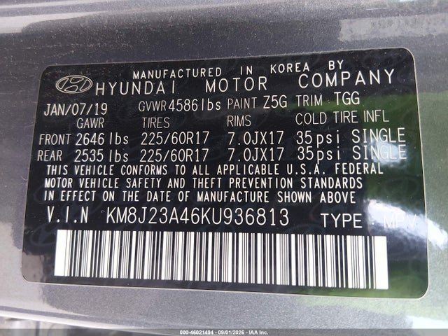 2019 Hyundai Tucson Se მანქანა იყიდება აუქციონზე, vin: KM8J23A46KU936813, აუქციონის ნომერი: 46021494