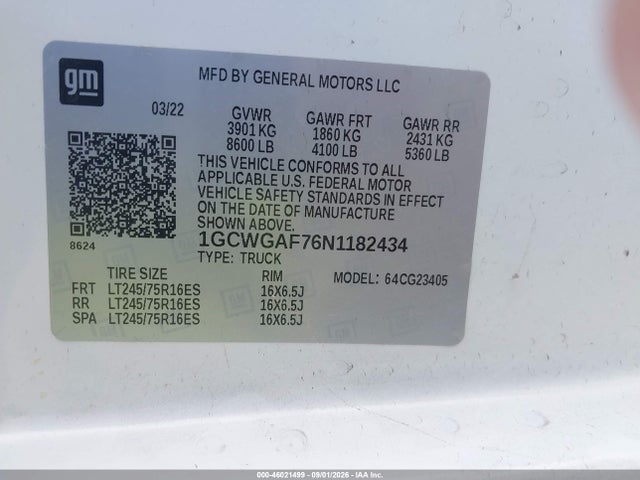 46021499 :رقم المزاد ، 1GCWGAF76N1182434 vin ، 2022 Chevrolet Express Cargo Rwd 2500 Regular Wheelbase Wt مزاد بيع