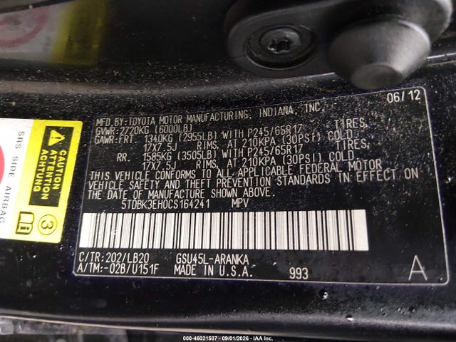 2012 Toyota Highlander Se V6 მანქანა იყიდება აუქციონზე, vin: 5TDBK3EH0CS164241, აუქციონის ნომერი: 46021507