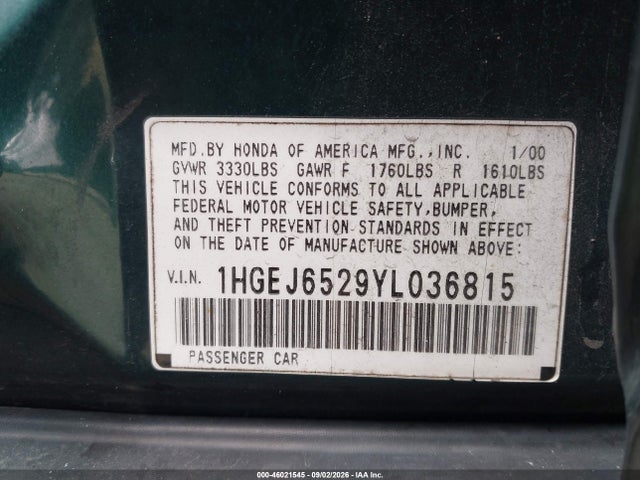 Aukcja sprzedaży 2000 Honda Civic Dx, vin: 1HGEJ6529YL036815, numer aukcji: 46021545