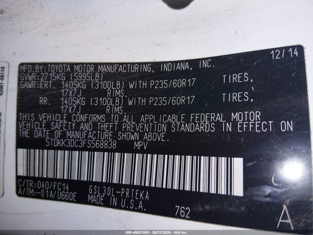 46021550 :رقم المزاد ، 5TDKK3DC3FS568838 vin ، 2015 Toyota Sienna Le 8 Passenger مزاد بيع