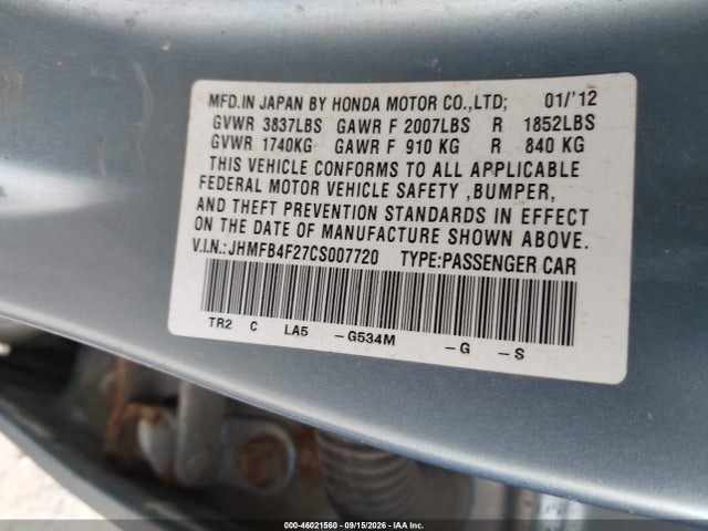 Aukcja sprzedaży 2012 Honda Civic Hybrid, vin: JHMFB4F27CS007720, numer aukcji: 46021560