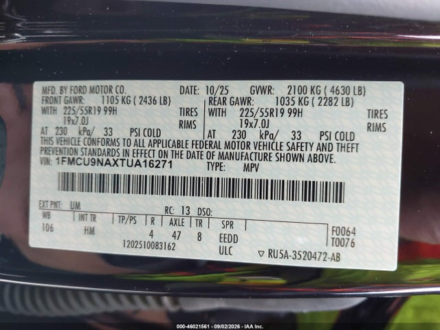 46021561 :رقم المزاد ، 1FMCU9NAXTUA16271 vin ، 2026 Ford Escape St-line Select مزاد بيع