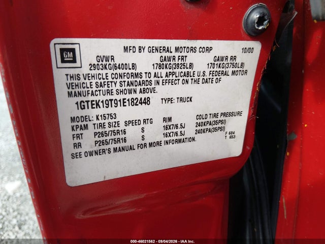 2001 Gmc Sierra 1500 Sle მანქანა იყიდება აუქციონზე, vin: 1GTEK19T91E182448, აუქციონის ნომერი: 46021562