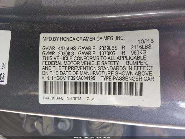 Aukcja sprzedaży 2019 Honda Accord Sport, vin: 1HGCV1F39KA004195, numer aukcji: 46021563