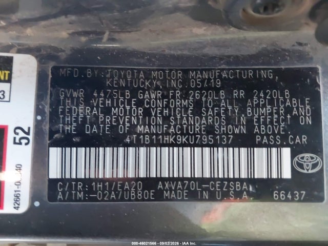 Aukcja sprzedaży 2019 Toyota Camry Se, vin: 4T1B11HK9KU795137, numer aukcji: 46021566