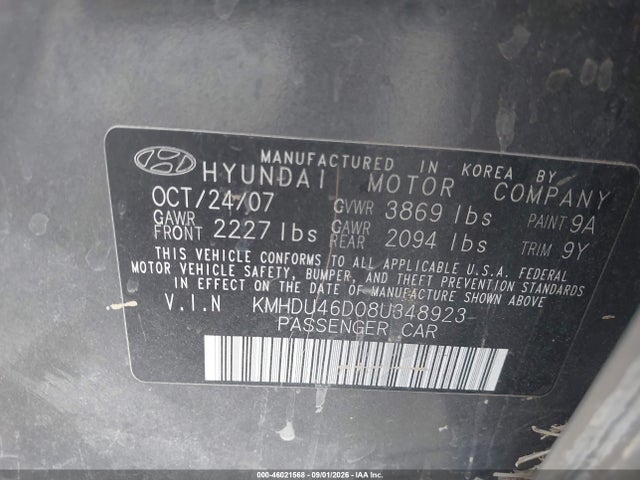 Продаж на аукціоні авто 2008 Hyundai Elantra Gls/se, vin: KMHDU46D08U348923, номер лоту: 46021568