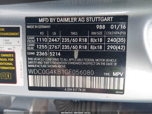 2016 Mercedes-benz Glc 300 4matic მანქანა იყიდება აუქციონზე, vin: WDC0G4KB1GF056080, აუქციონის ნომერი: 46021574