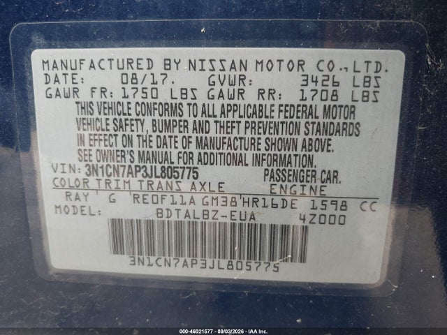 46021577 :رقم المزاد ، 3N1CN7AP3JL805775 vin ، 2018 Nissan Versa 1.6 Sv مزاد بيع