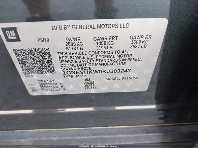 2019 Chevrolet Traverse 3lt მანქანა იყიდება აუქციონზე, vin: 1GNEVHKW0KJ303243, აუქციონის ნომერი: 46021582
