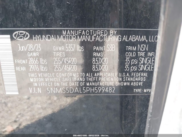 Aukcja sprzedaży 2023 Hyundai Santa Fe Calligraphy, vin: 5NMS5DAL5PH599482, numer aukcji: 46021586