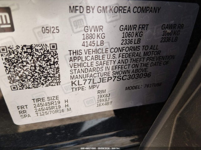 46021588 :رقم المزاد ، KL77LJEP7SC303096 vin ، 2025 Chevrolet Trax Fwd 2rs مزاد بيع