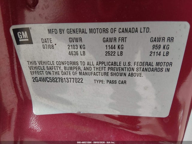46021590 :رقم المزاد ، 2G4WC582781377022 vin ، 2008 Buick Lacrosse Cx مزاد بيع