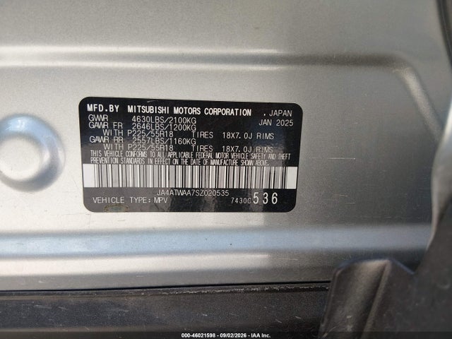 Auction sale of the 2025 Mitsubishi Eclipse Cross Black Edition S-awc/se S-awc/sel S-awc, vin: JA4ATWAA7SZ020535, lot number: 46021598